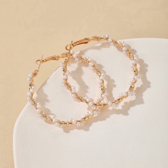 5 for $25 Elegant 14k Gold Plated and Pearl Hoop Earrings - Picture 3 of 4